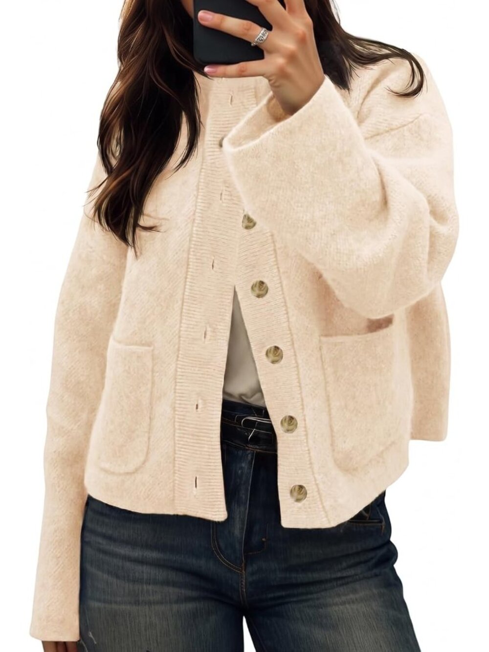 Women Apricot Mock Neck Chunky Knit Button-down Front Patch Pockets Cozy Jacket